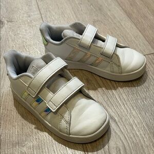 Adidas Grand Court White Sneakers with Silver/Metallic strip and Velcro Straps